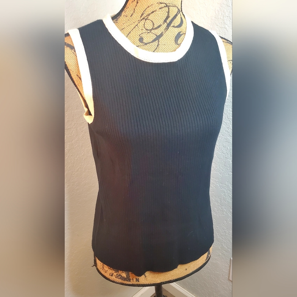 Charter Club Black Ribbed Tank with Cream Trim.
